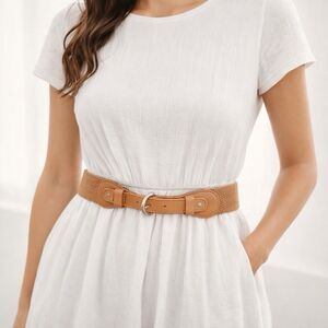 Fossil Woven Stretch Belt Brown Leather Trim Silver Buckle Medium Pre-Owned